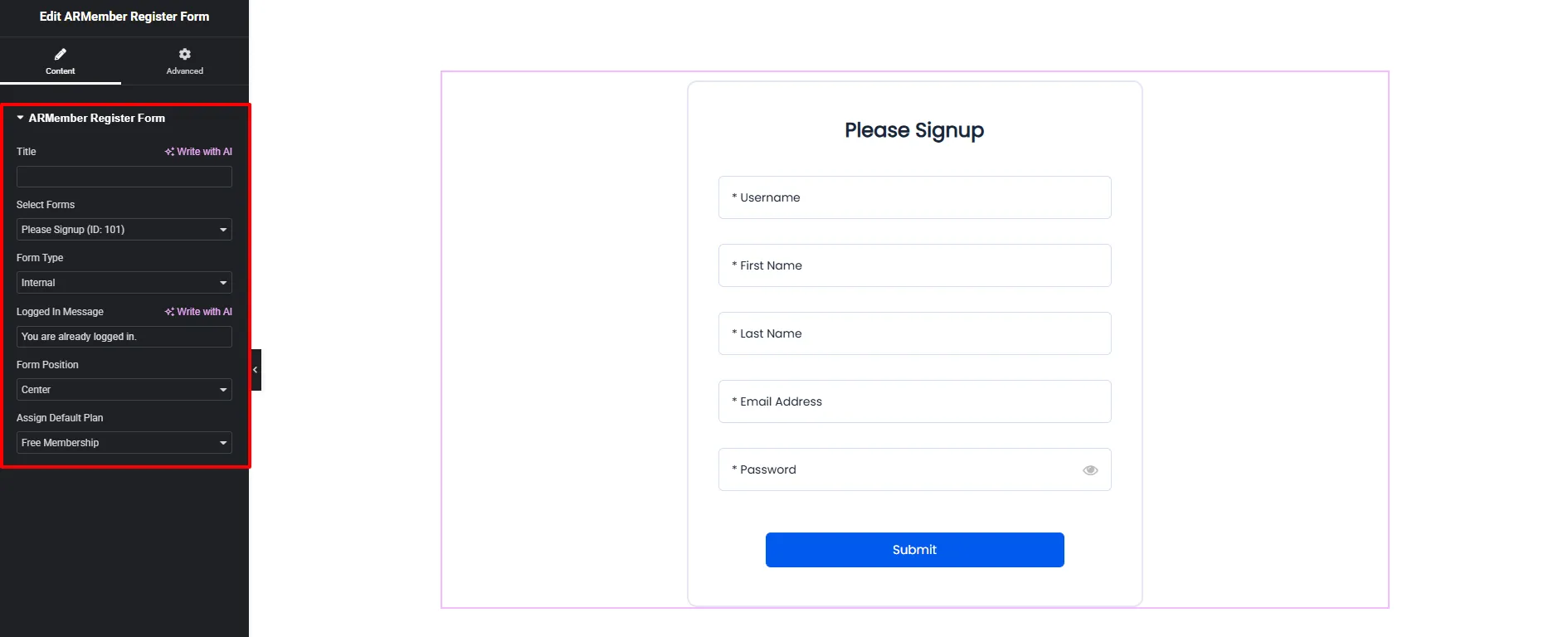 ARMember Edit Register Form Widget on Elementor