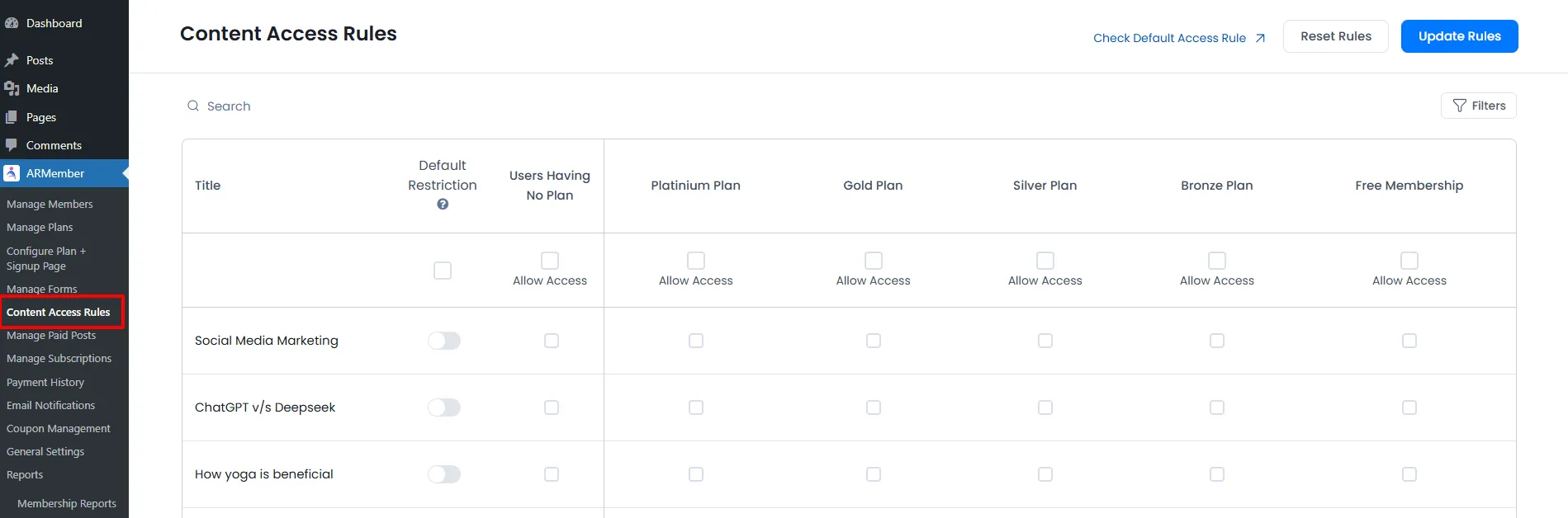 ARMember - Access Rules