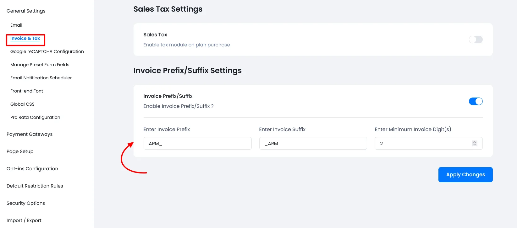 ARMember - Invoice Prefix/Suffix Settings