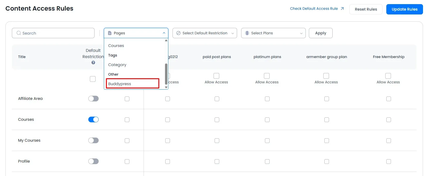 ARMember_buddyPress_access_rules