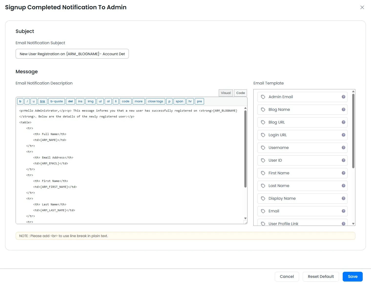 Edit Standard Email Template