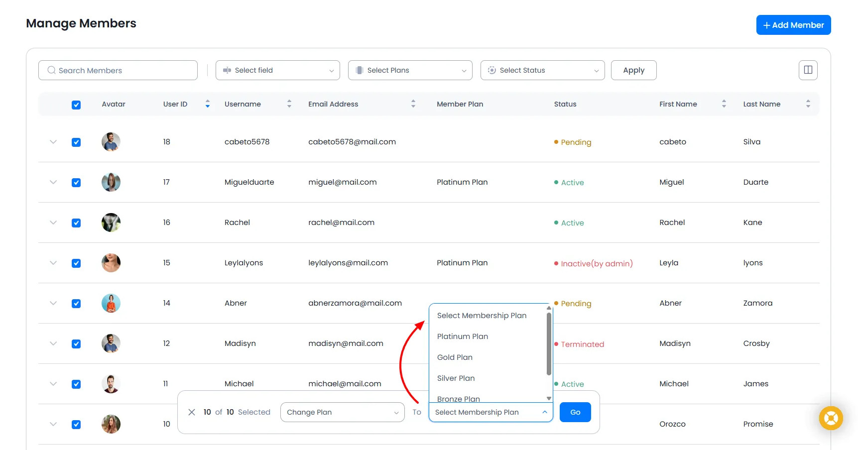 Change Plan Manage Members - ARMember