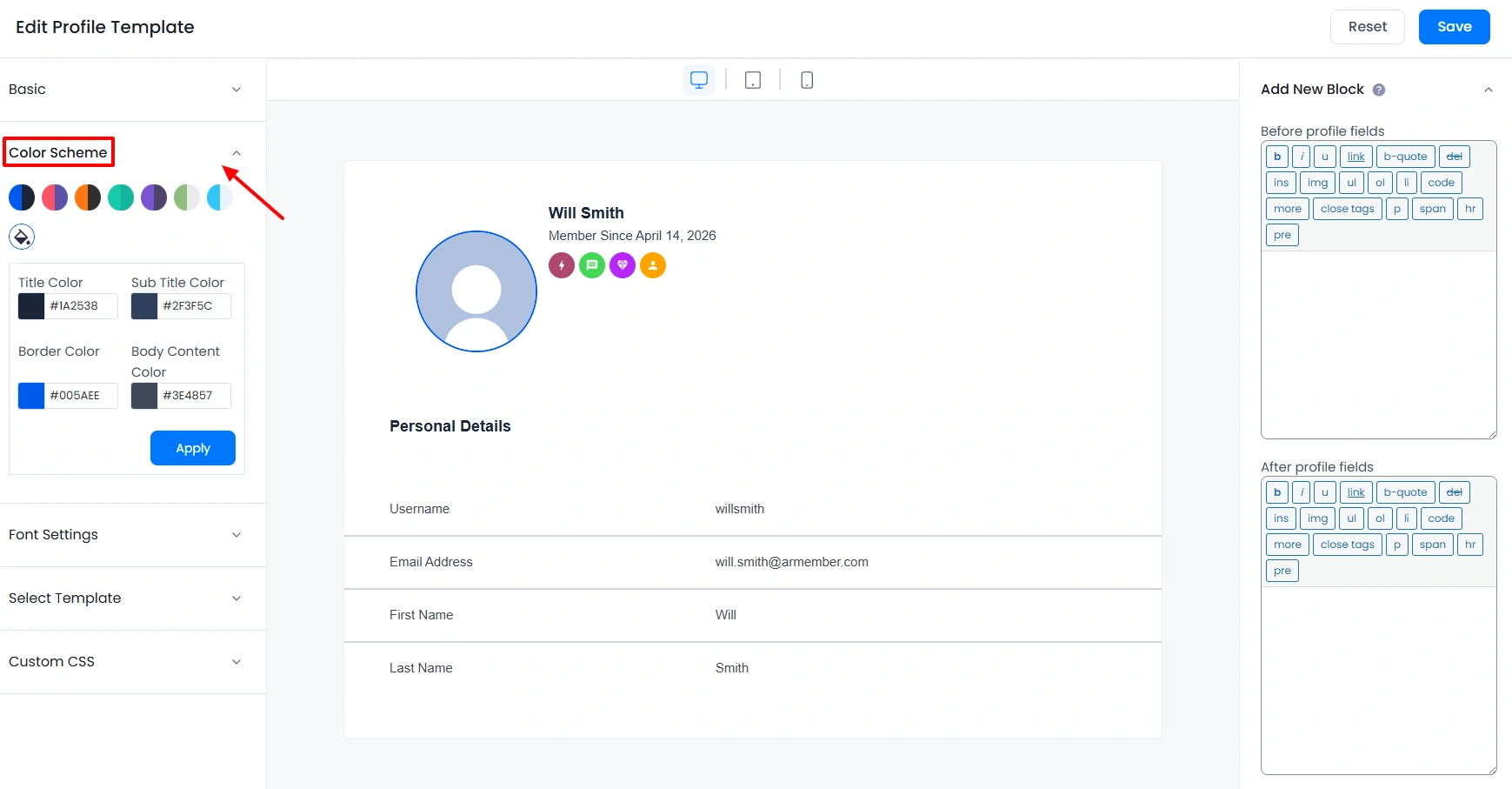 ARMember Profile Template color setting