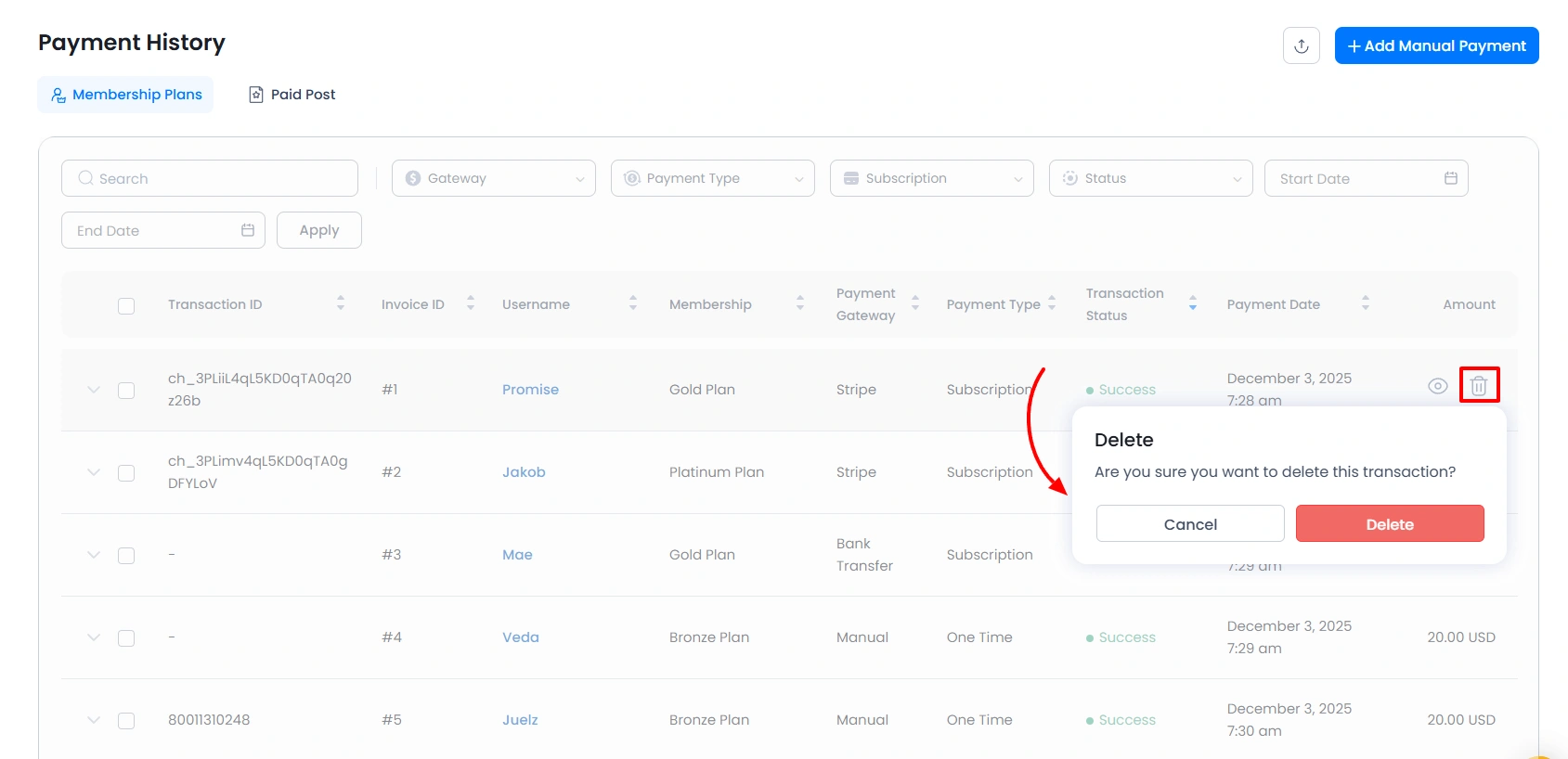 Payment History Delete Transaction