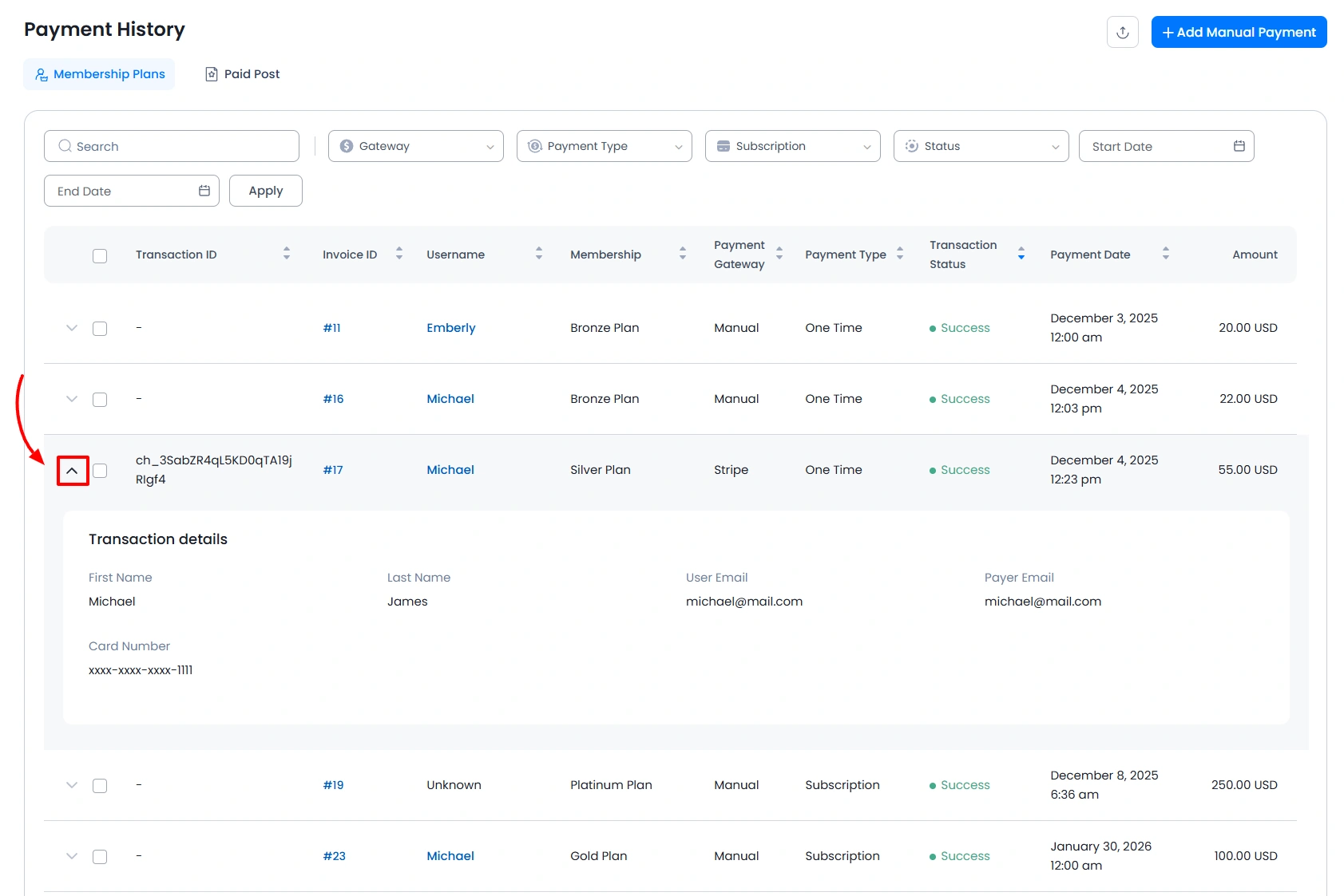 Payment History Exapnd Row