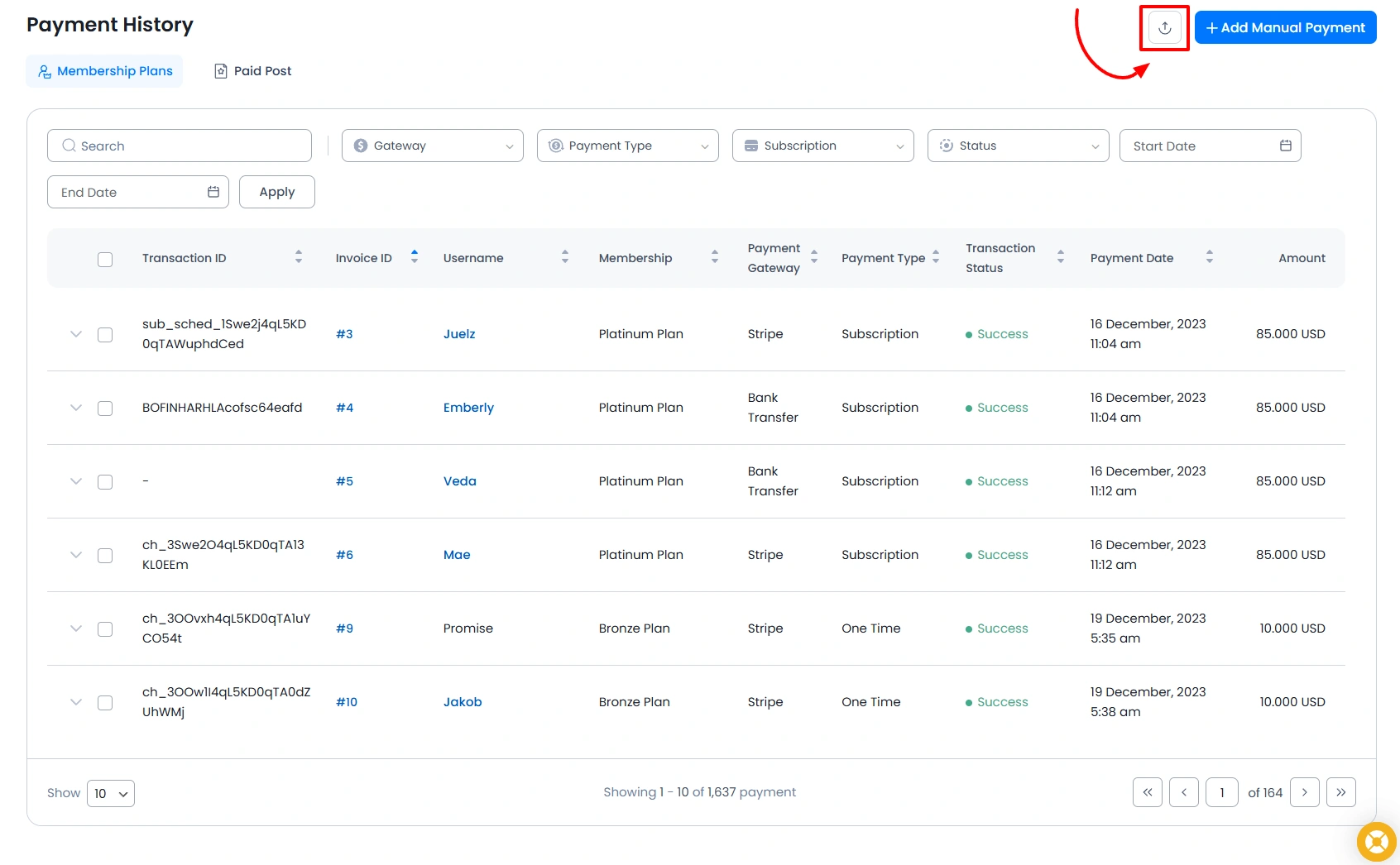 Payment History Export Data