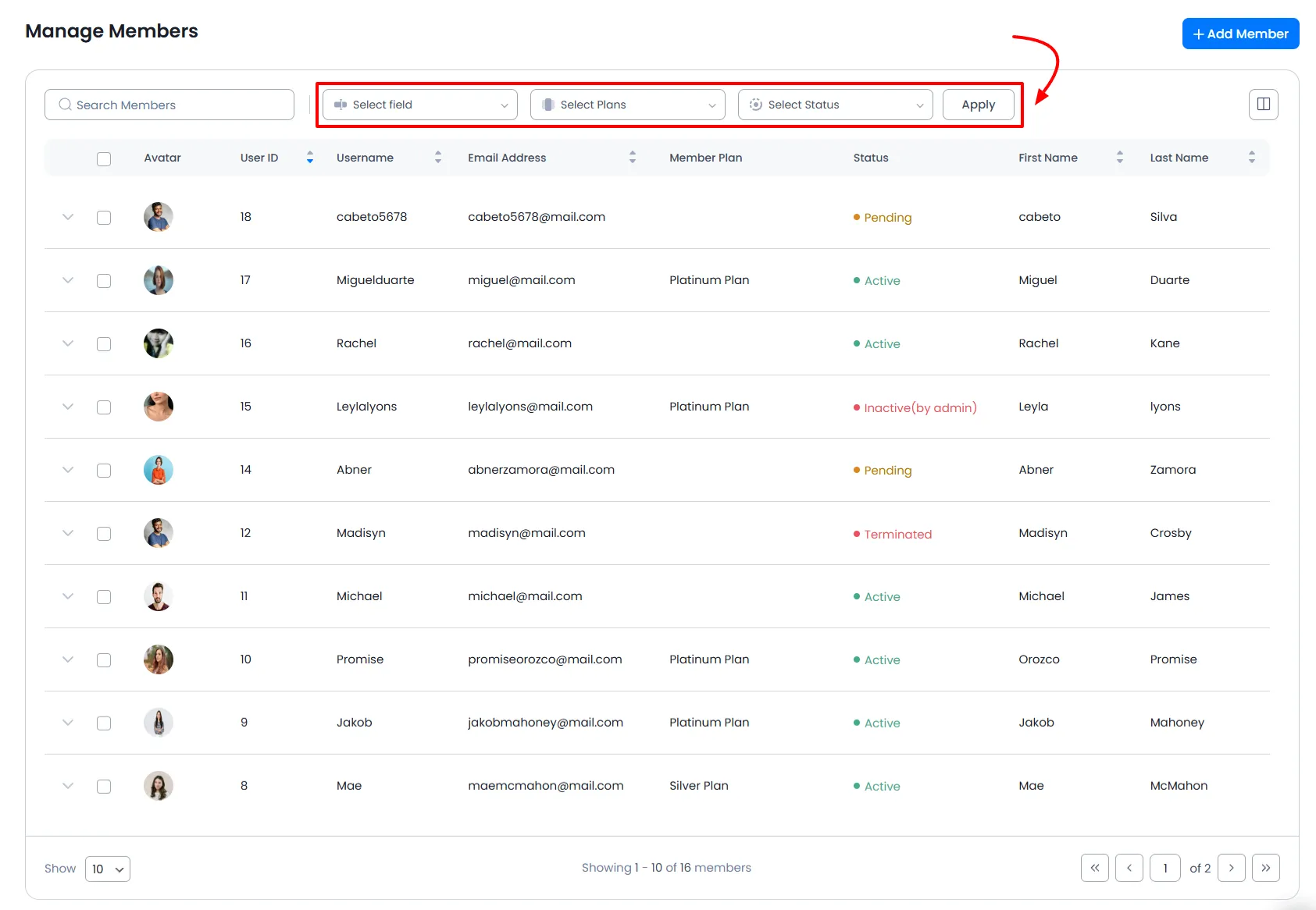 Filter Options for Manage Members - ARMember