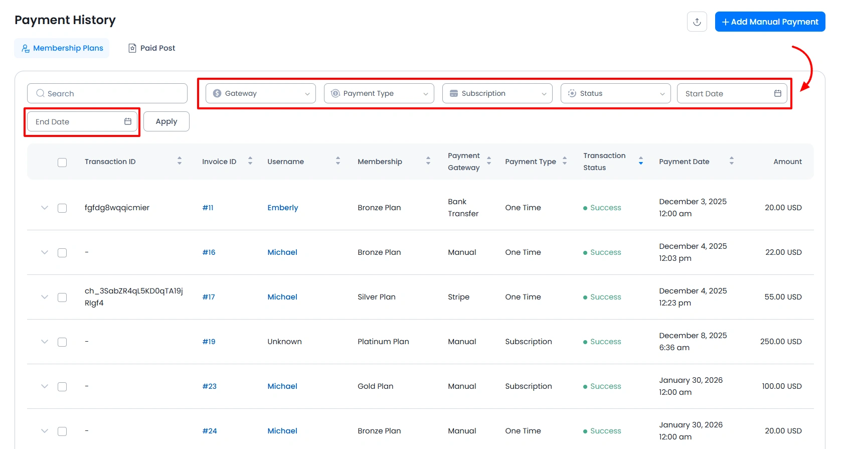 Payment History Filter Options