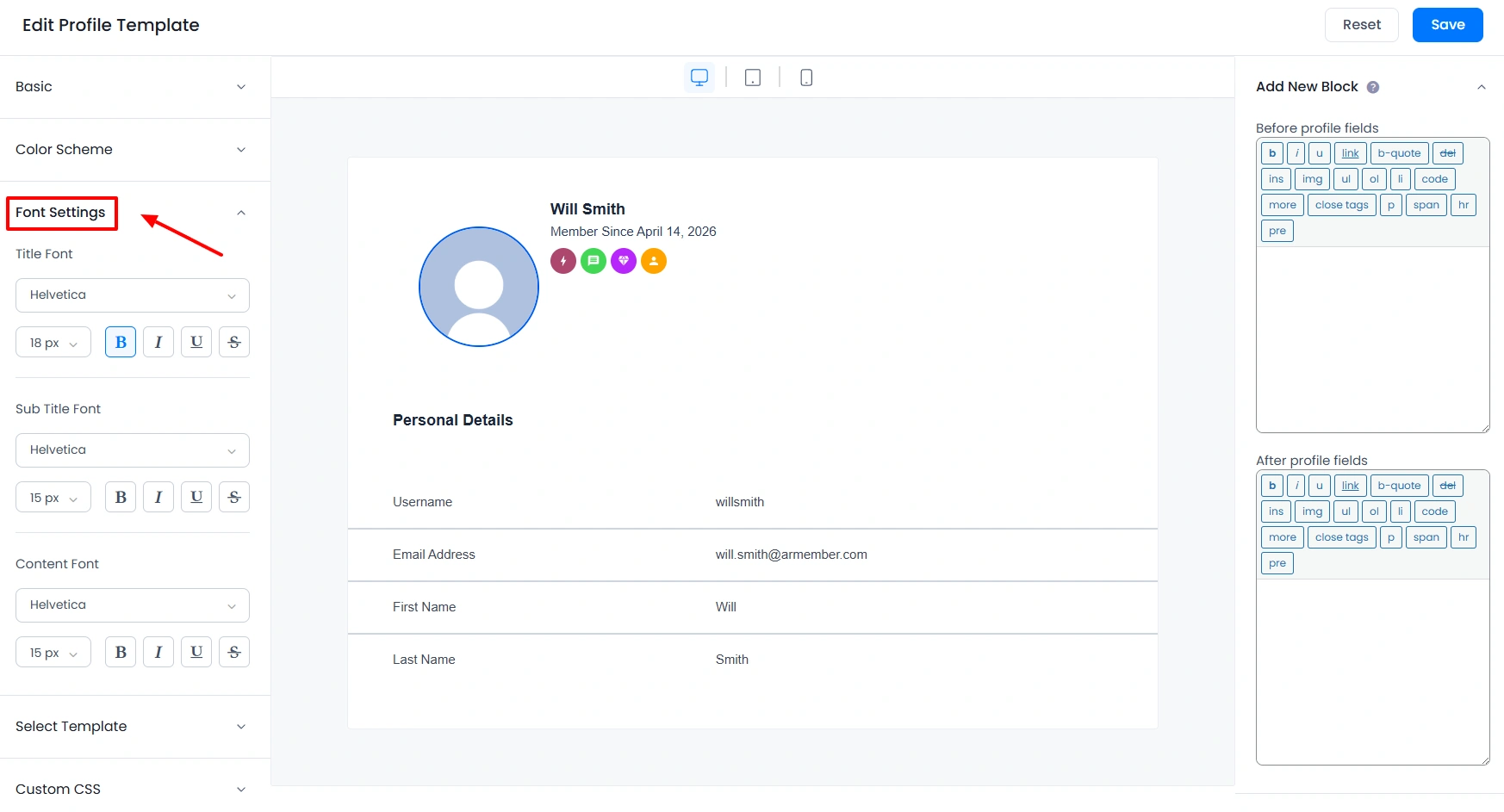 ARMember profile font settings