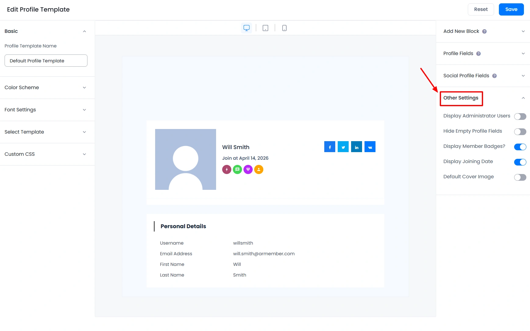 ARMember profile other settings