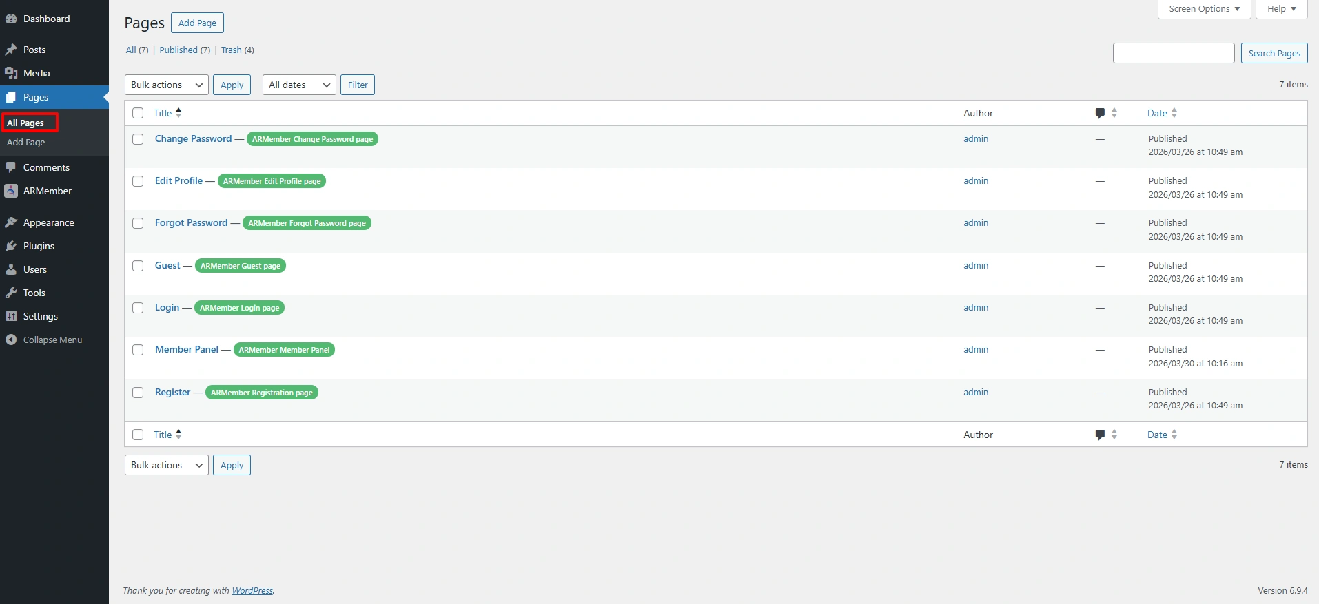 ARMember Pages Created
