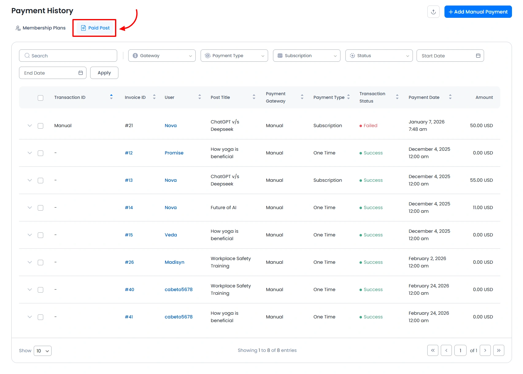 Paid Post Payment History