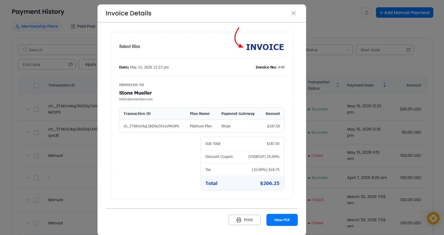 Payment History Invoice Detail