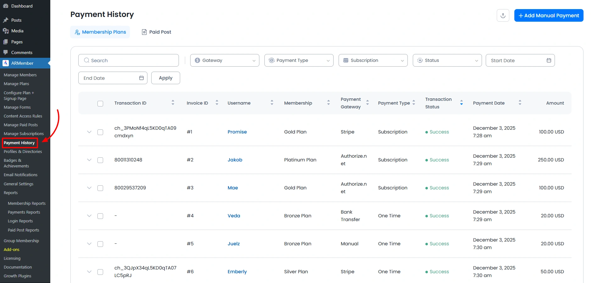 Payment History Menu