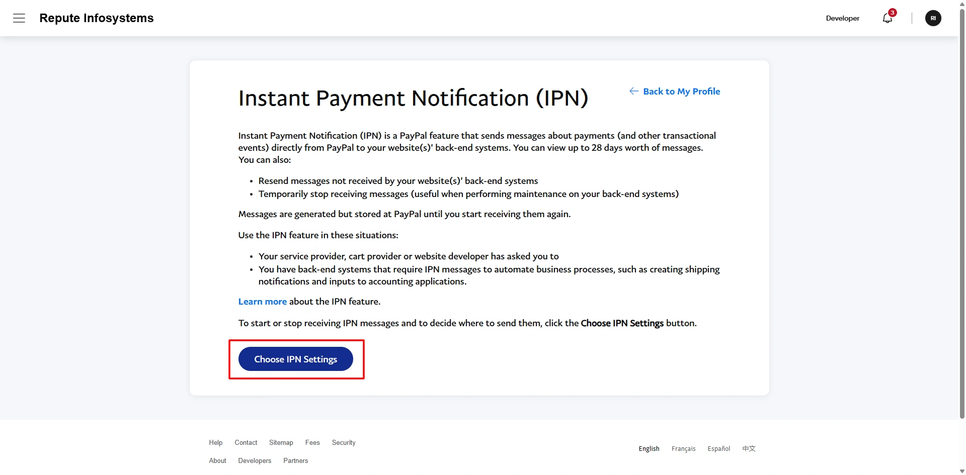 PayPal Choose IPN Settings
