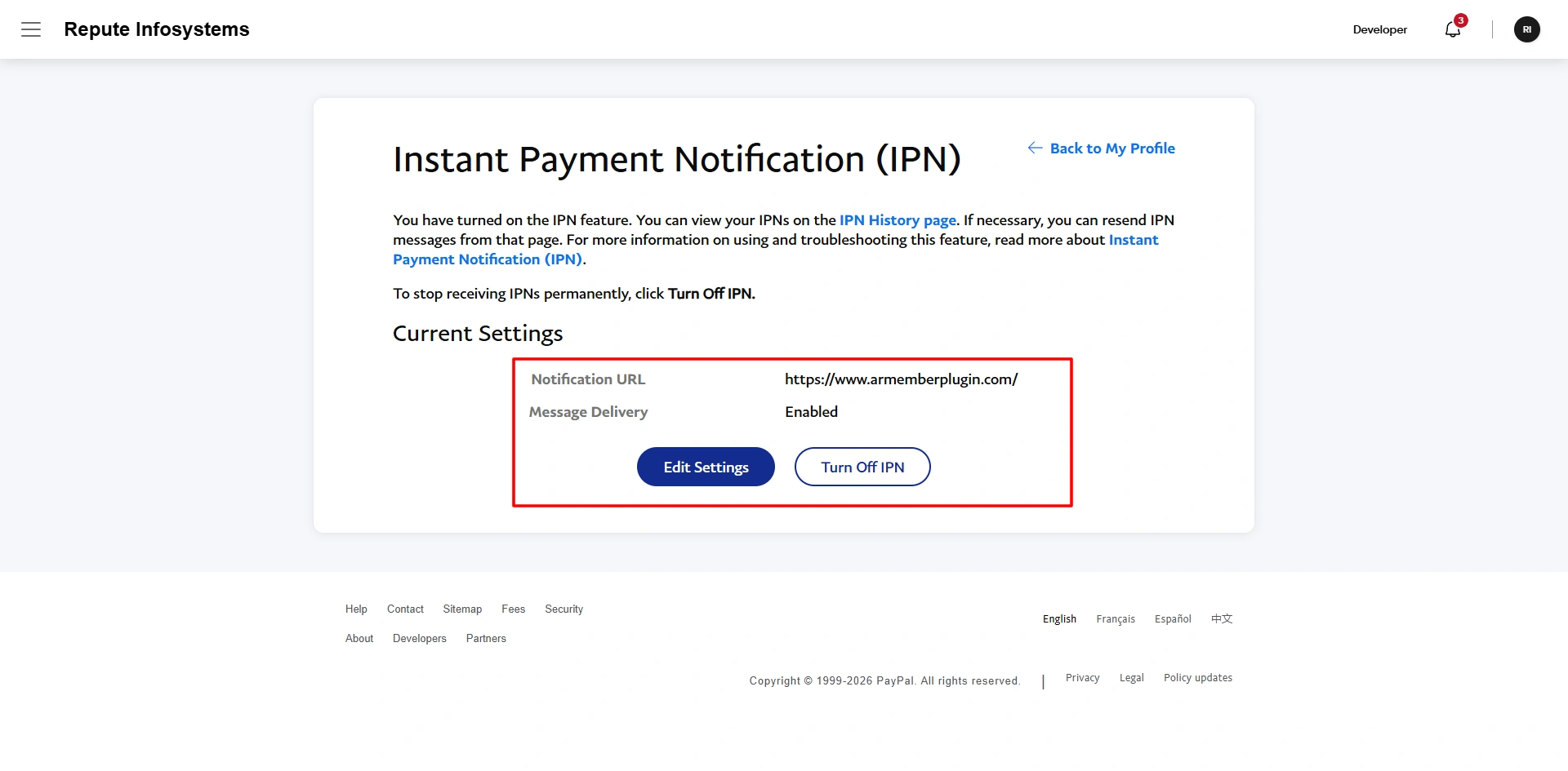 PayPal IPN Settings Enabled