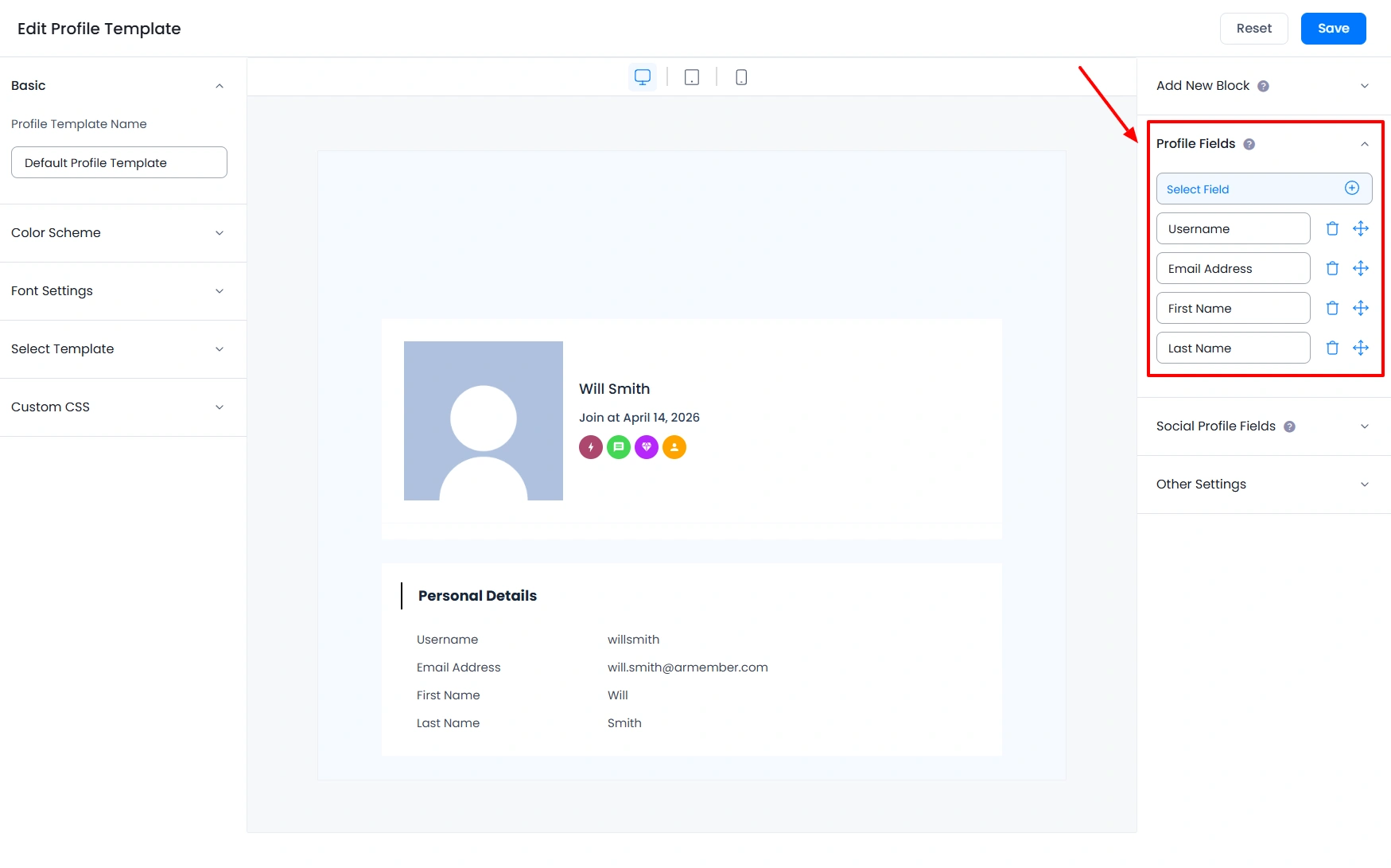 ARMember profile fields section