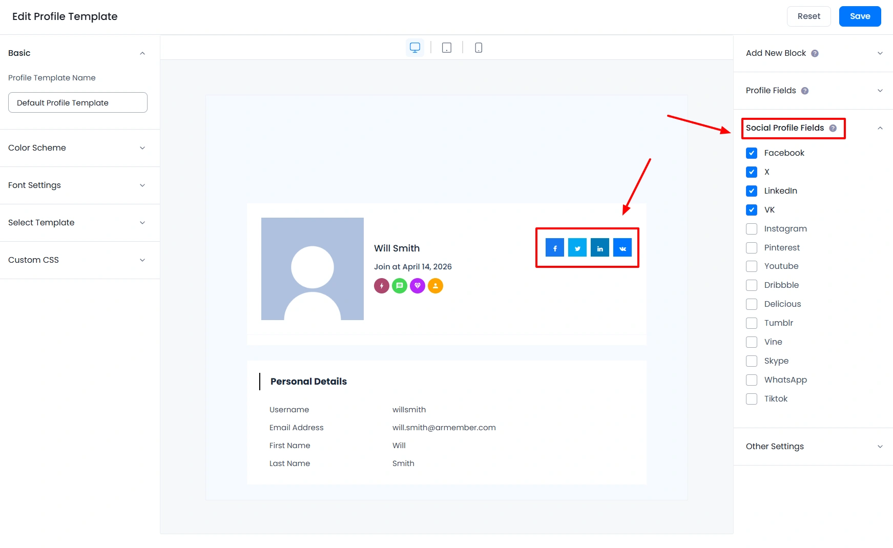 ARMember profile social fields