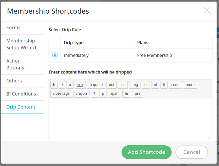 ARMember - Options for Add Content Dripping Shortcode in Page or Post