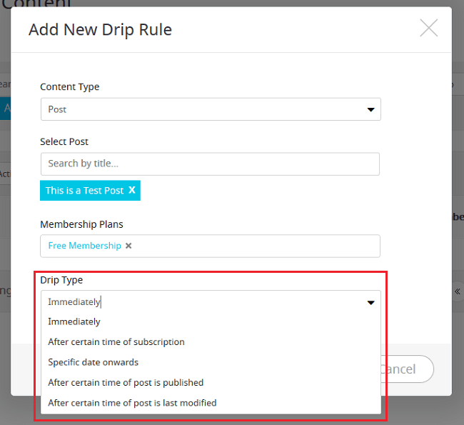 ARMember - options for add new content dripping rule