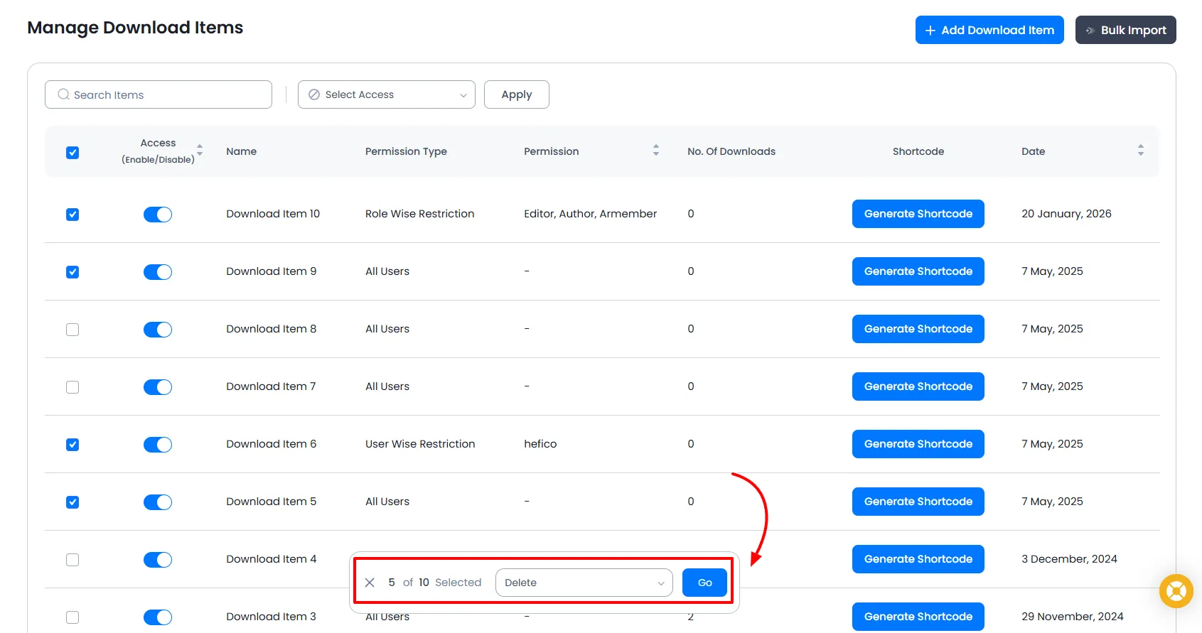 Manage Downloads Bulk Delete