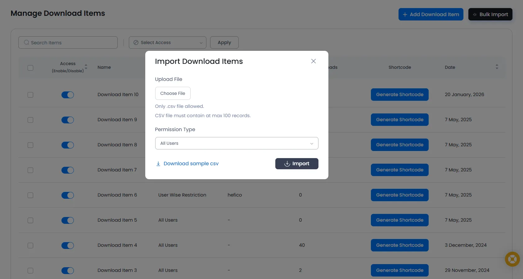 Bulk Import Manage Download