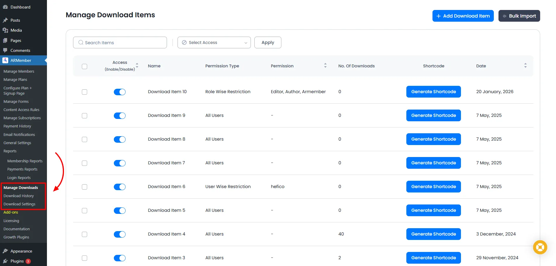 ARMember Digital Download Menu