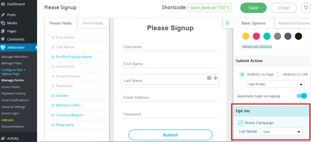 Manage forms Optin List-min