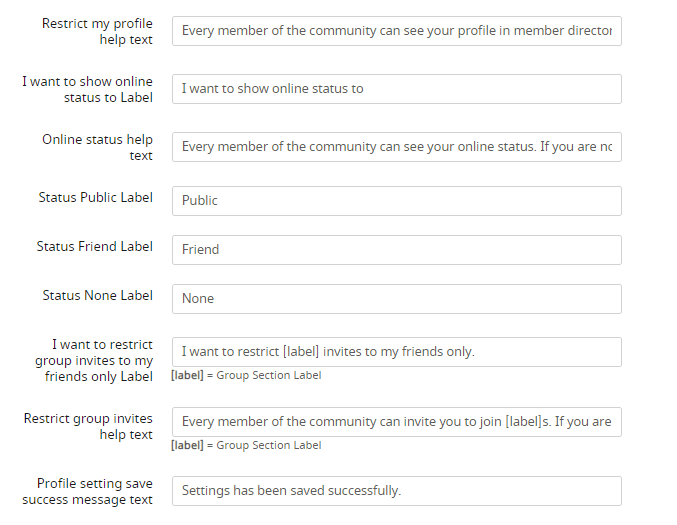 Profile settings fields community