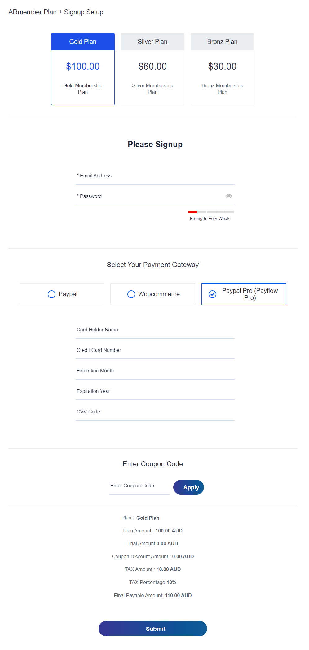 ARMember - PayPal Pro (PayFlow) addon Setup Form
