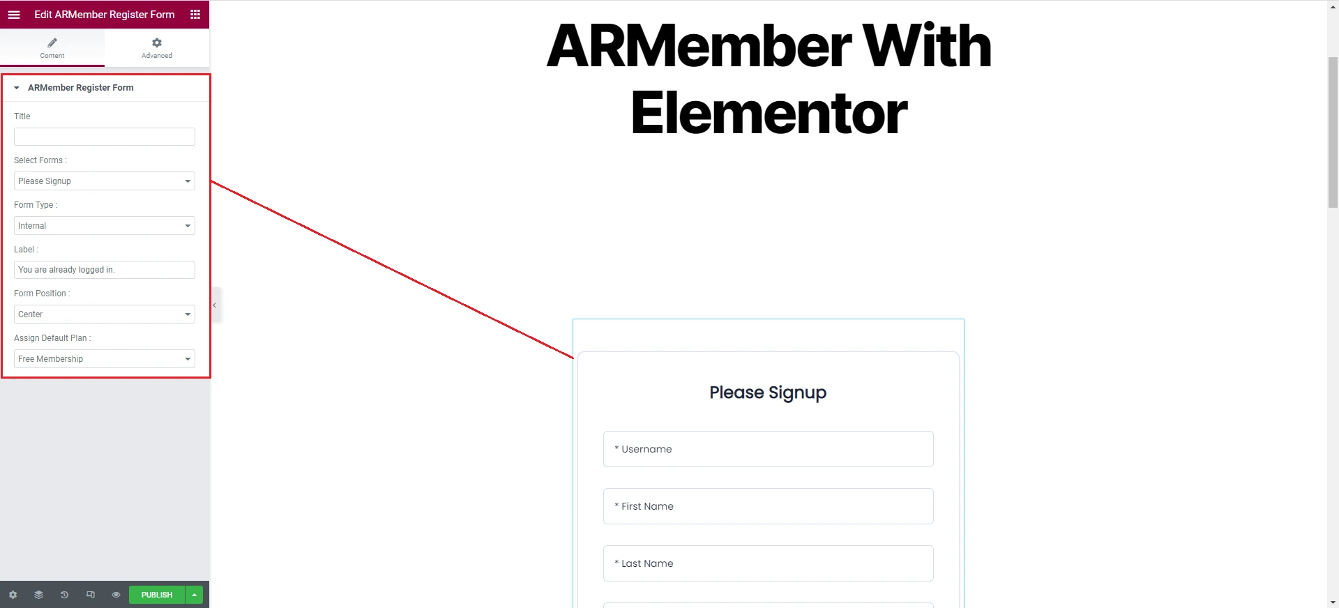 ARMember Edit Register Form Widget on Elementor