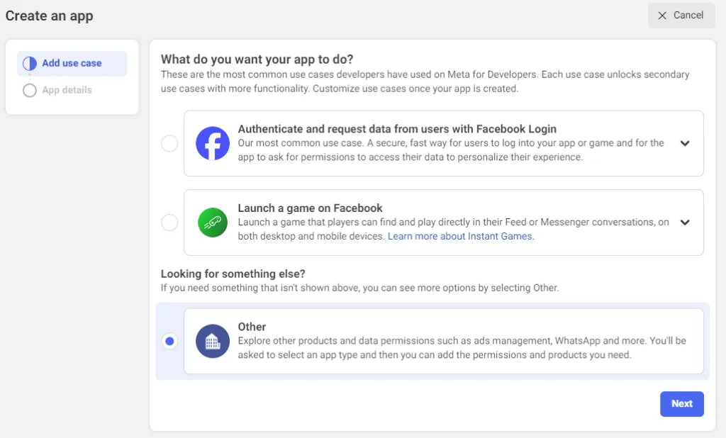 Whatsapp Business Create new app