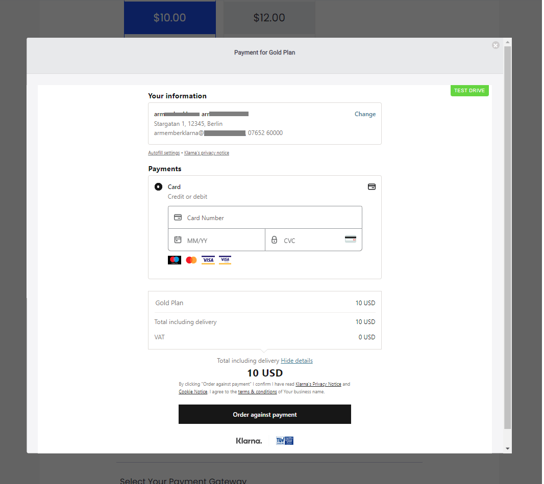 ARMember Klarna plan purchase payment form