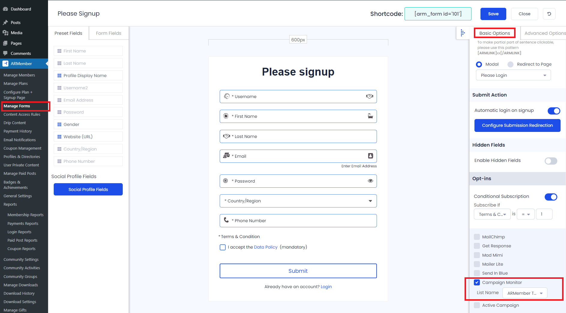 ARMember Campaign Monitor Signup Form Settings