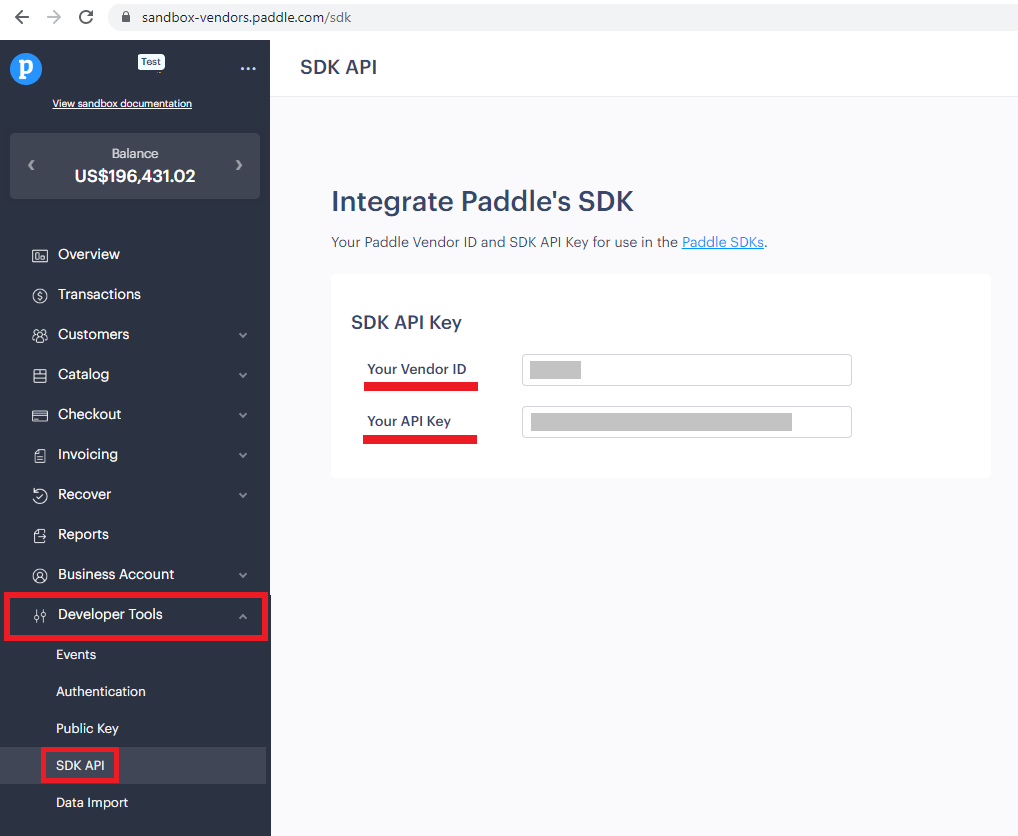 paddle account get configuration API key