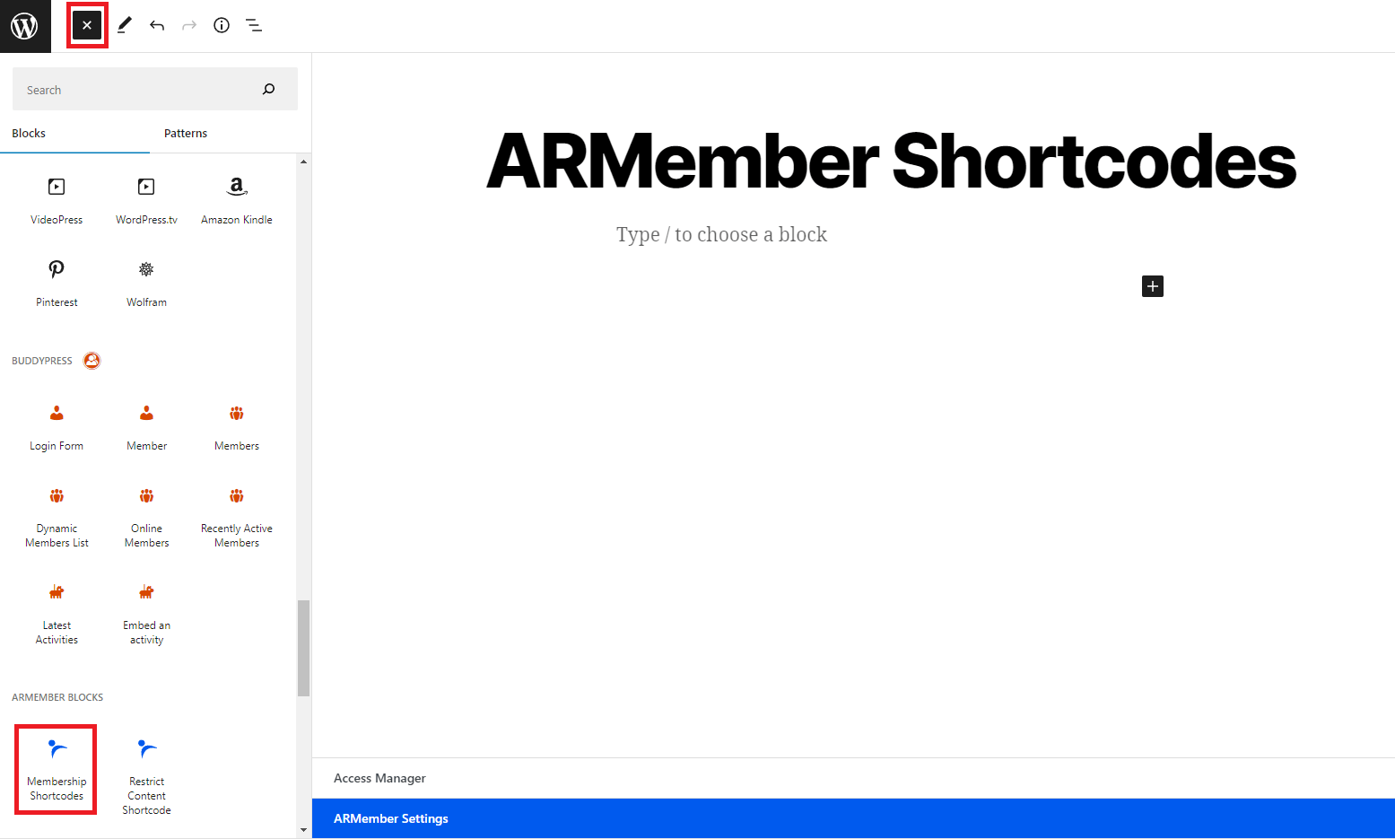 armember membership shortcode add gutenberg