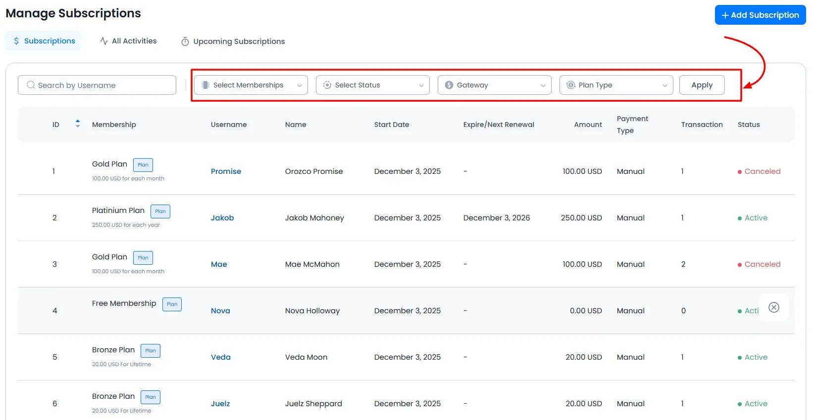 Manage Subscriptions