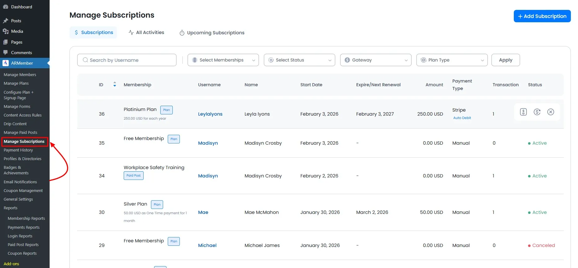 Manage Subscriptions
