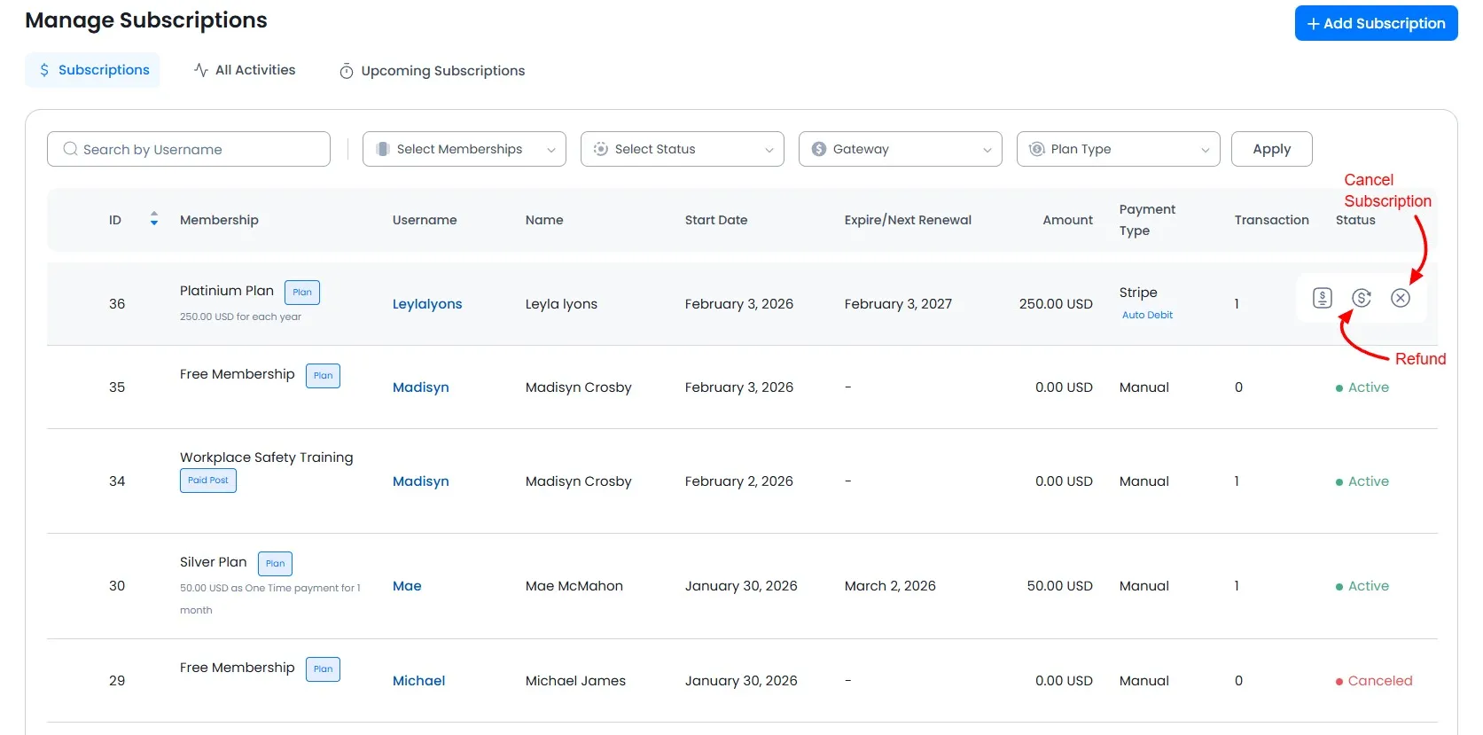 Manage Subscriptions
