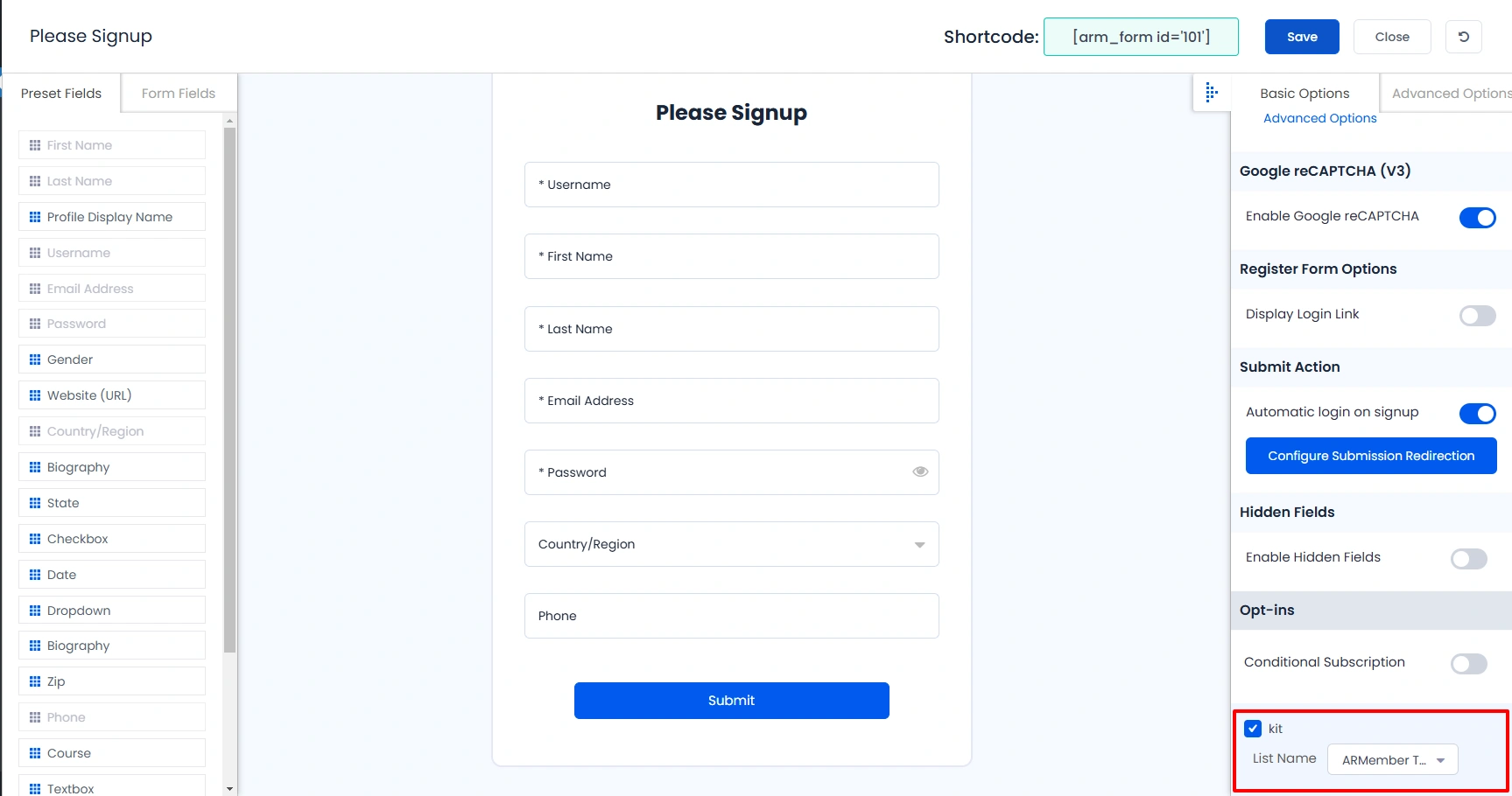 Kit Form Settings