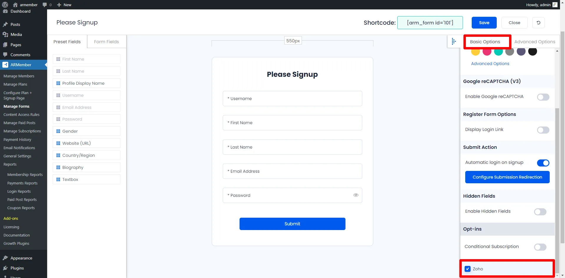 ARMember Zoho Form Settings