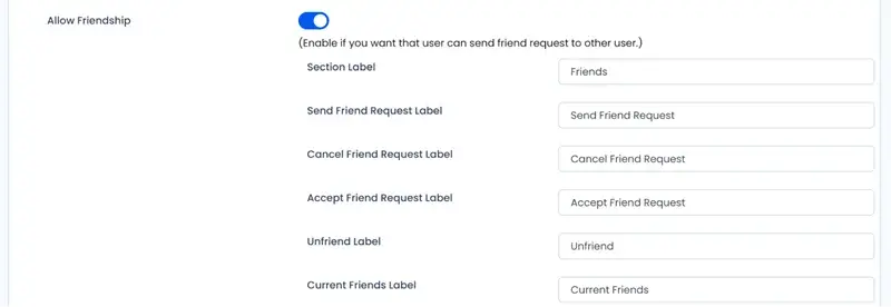 Allow Friendship in your social network using settings