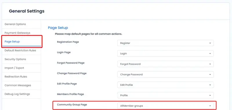 Assign this page under ARMember - General Settings - Page Setup - Community Group Page