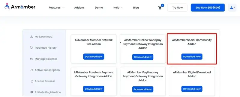 Download the ARMember Social Community addon