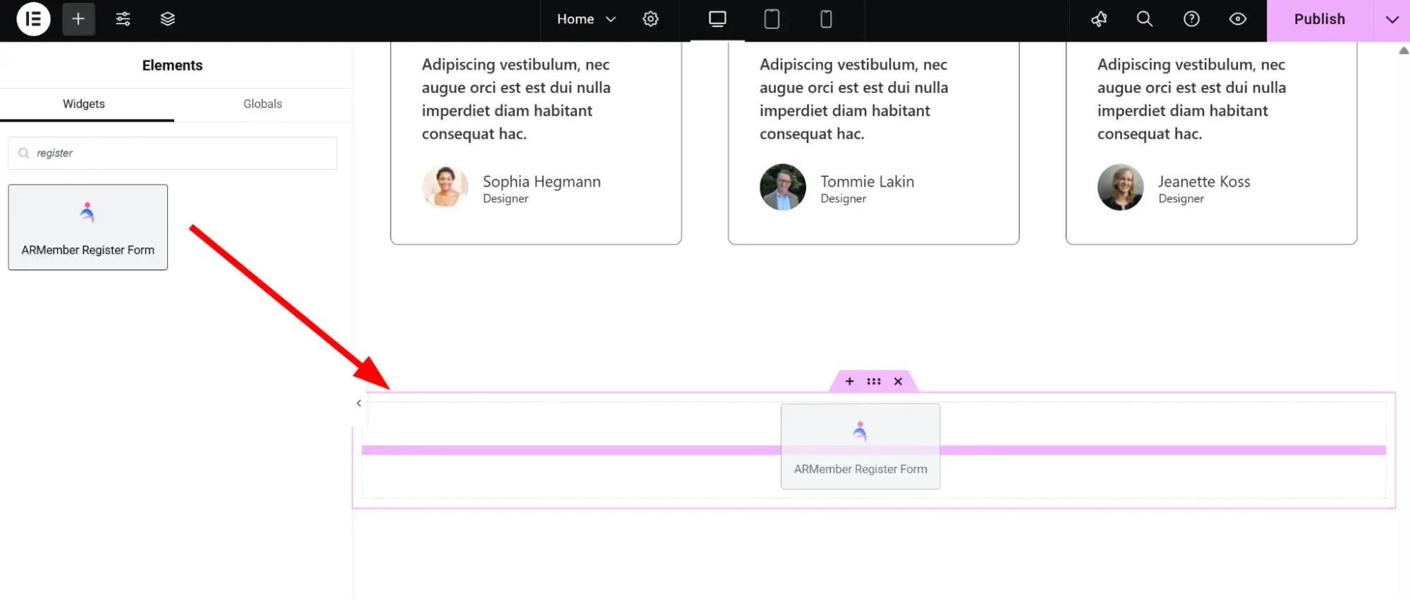 Drag in the ARMember Register Form widget