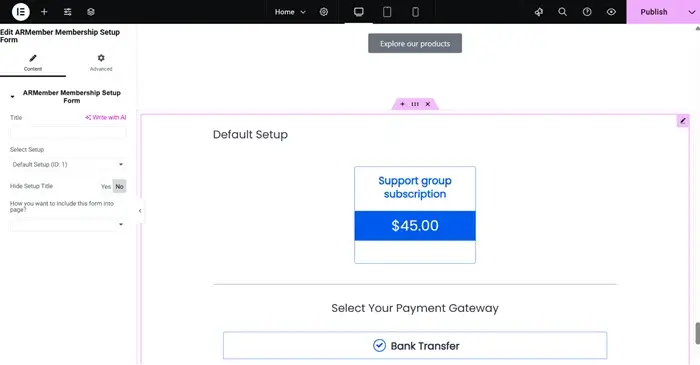 Membership setup page for customers