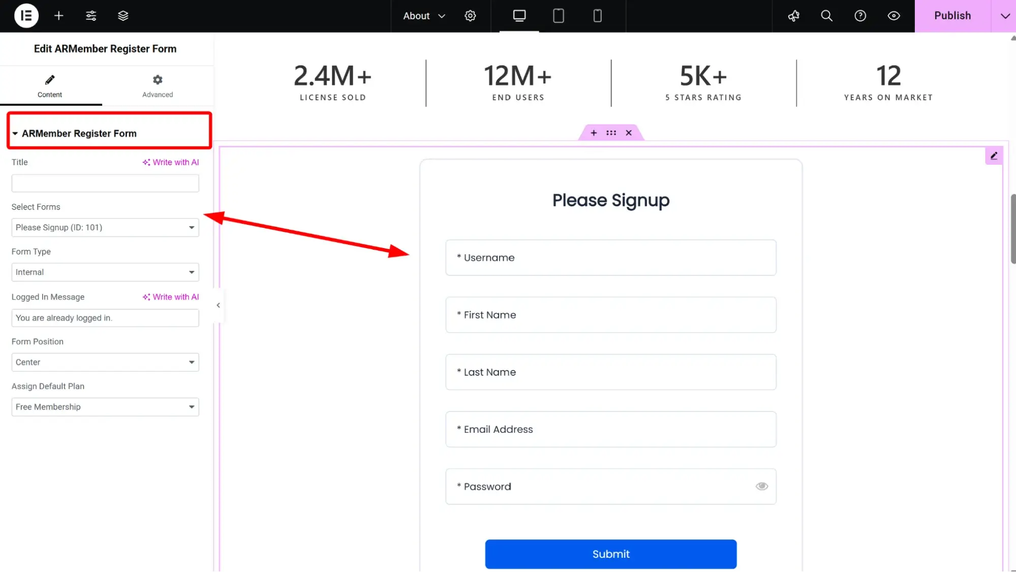Select your saved registration form from the dropdown