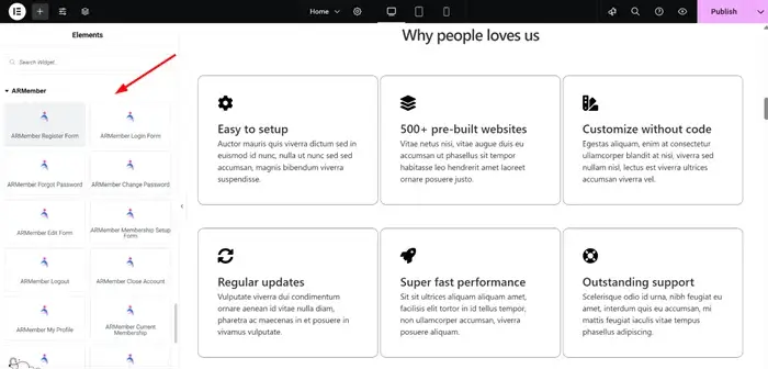 guide to adding your ARMember widgets to your Elementor site