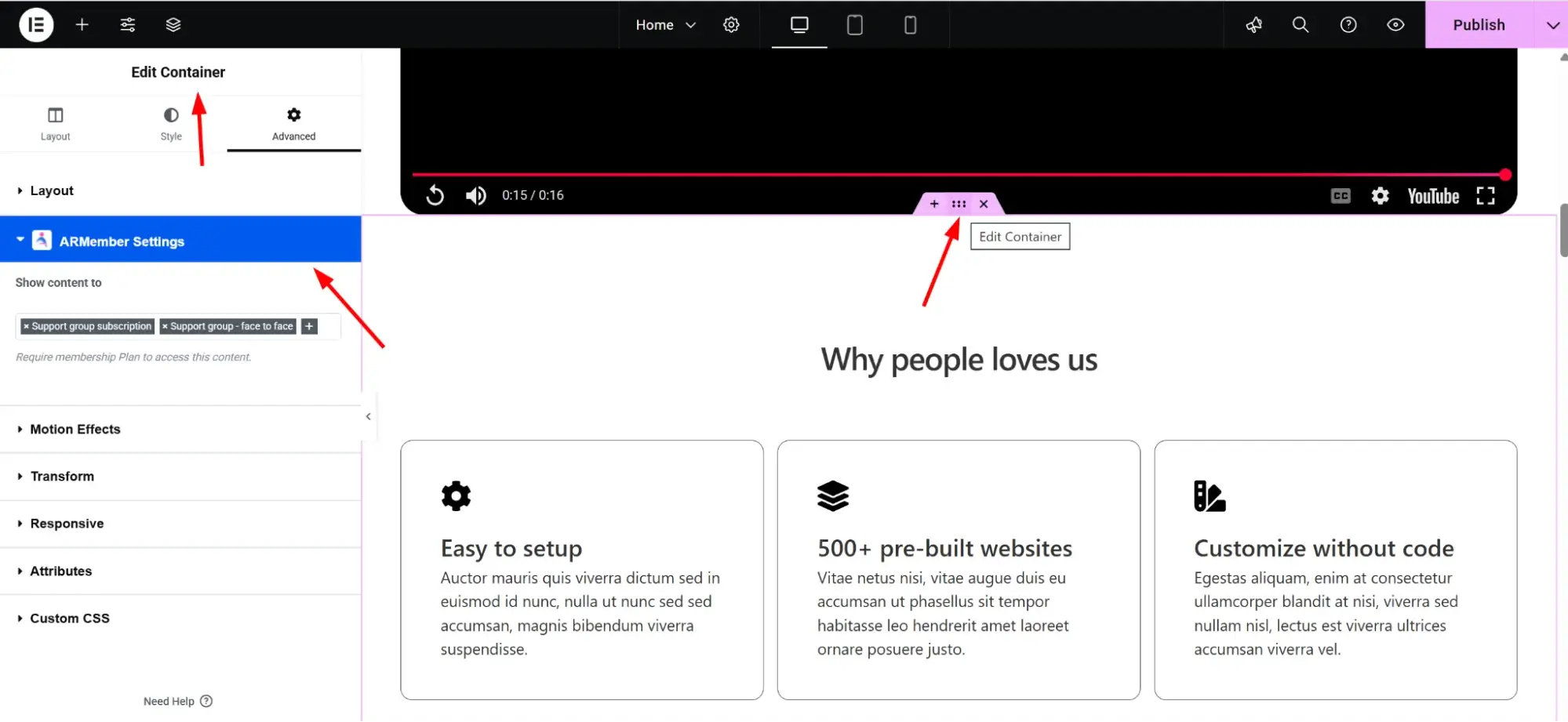 restrict content on the Container level as well as the individual widget level