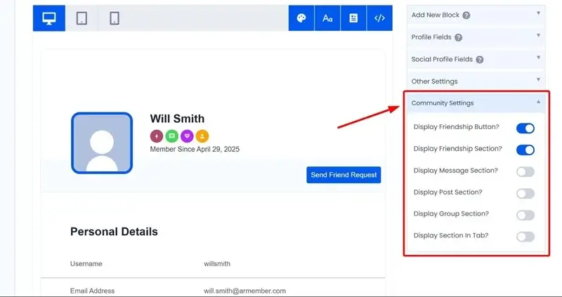 turn on the needed sections for profiles (Posts, Friends, Groups, etc